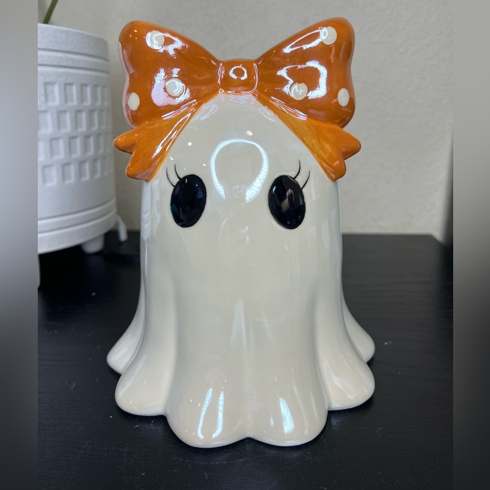 NEW Ceramic Iridescent Ghost Girl with Orange Polka Dot Bow